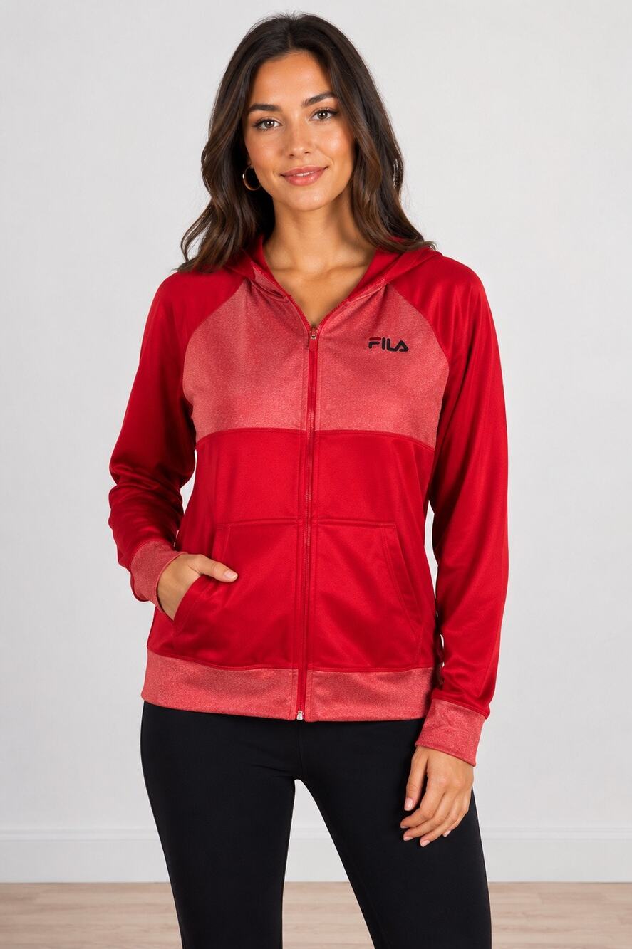 Fila Sport Red Hooded Full Zip Track Jacket | Colorblock Athletic Hoodie Size M